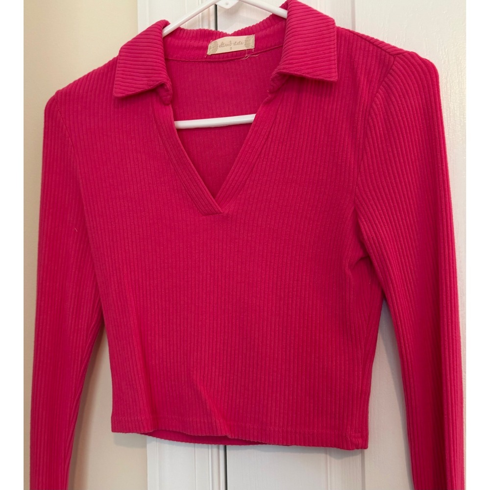 Altar'd State Hot Pink Ribbed Long Sleeve V-Neck Collared Top C12521A-22 Small
